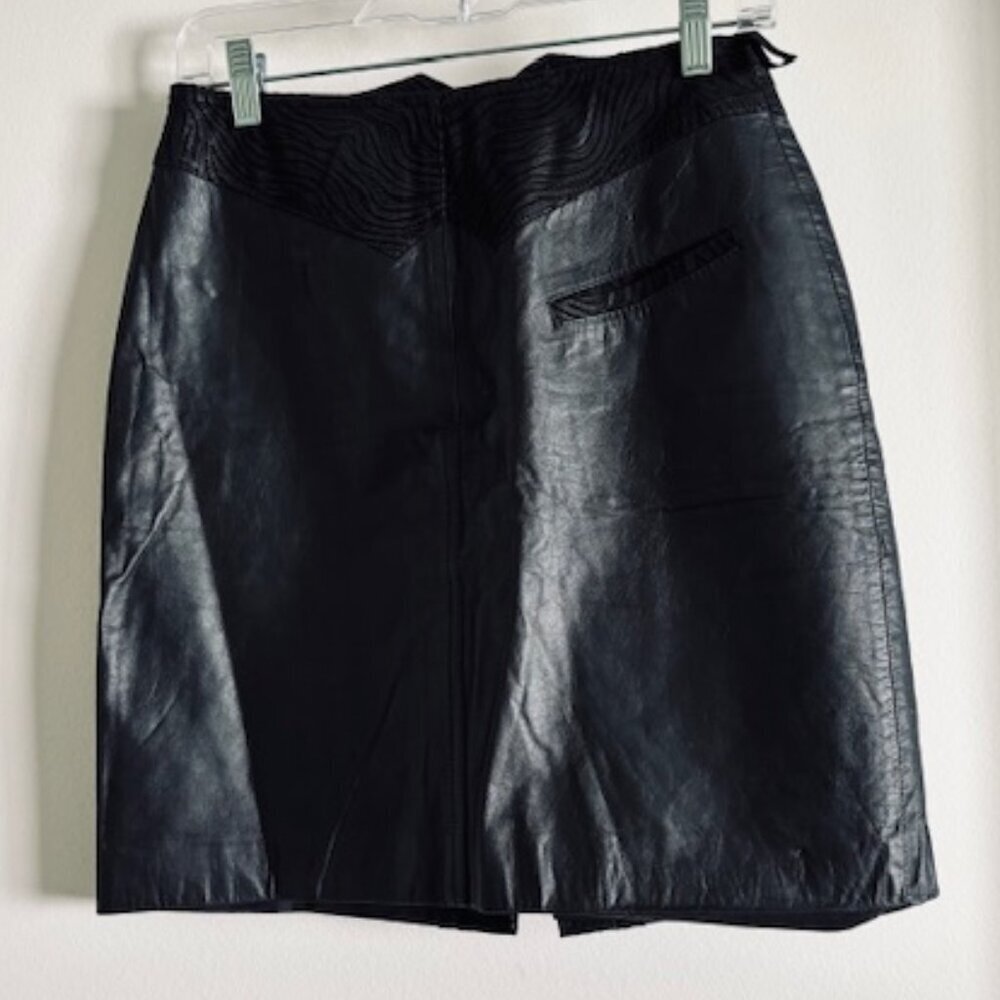 Vintage 80s Bermans 100% Leather Mini Pencil Skirt Size 10 Black